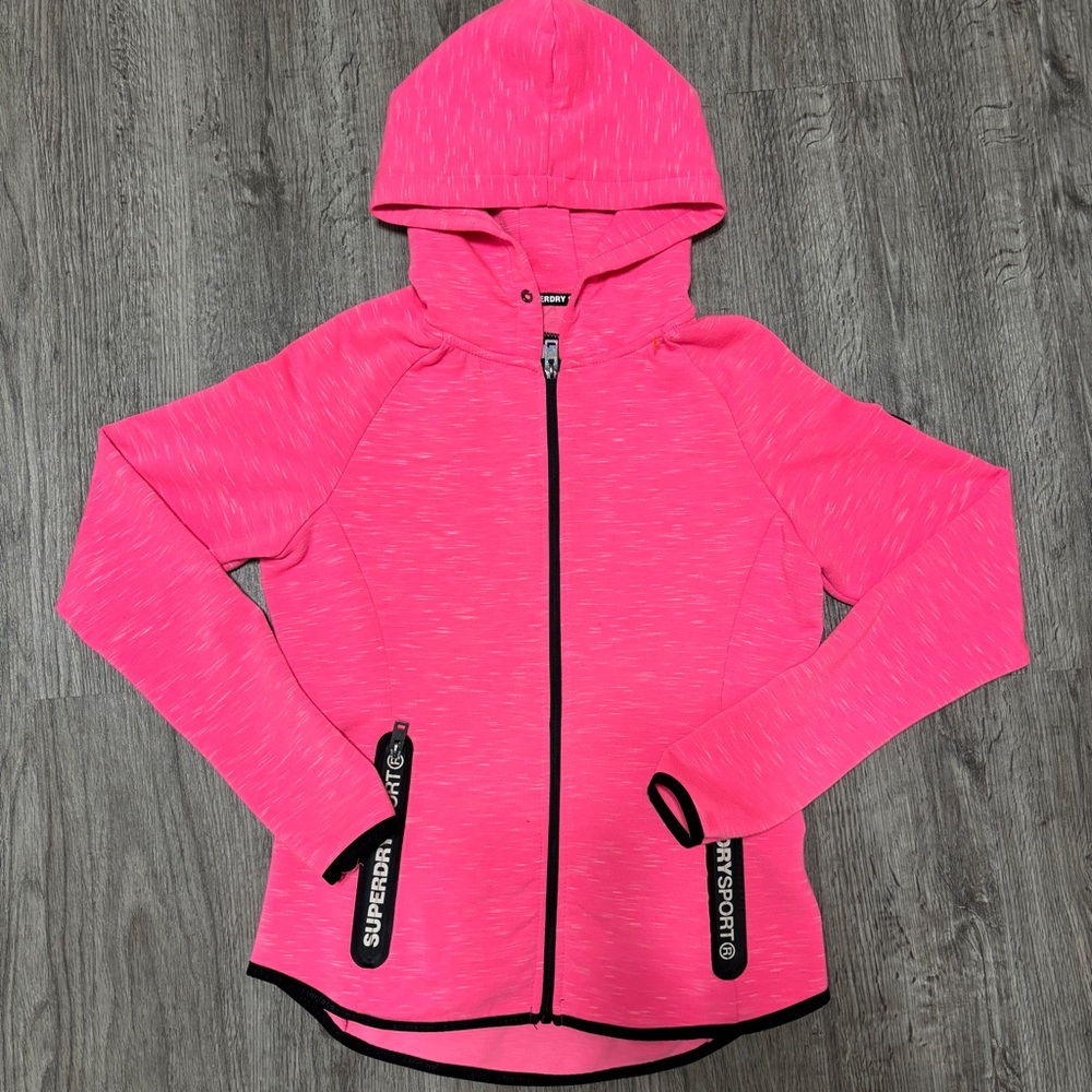 Superdry Sport Hoodie Womens Small Pink Full Zip Athletic Jacket Running Gym